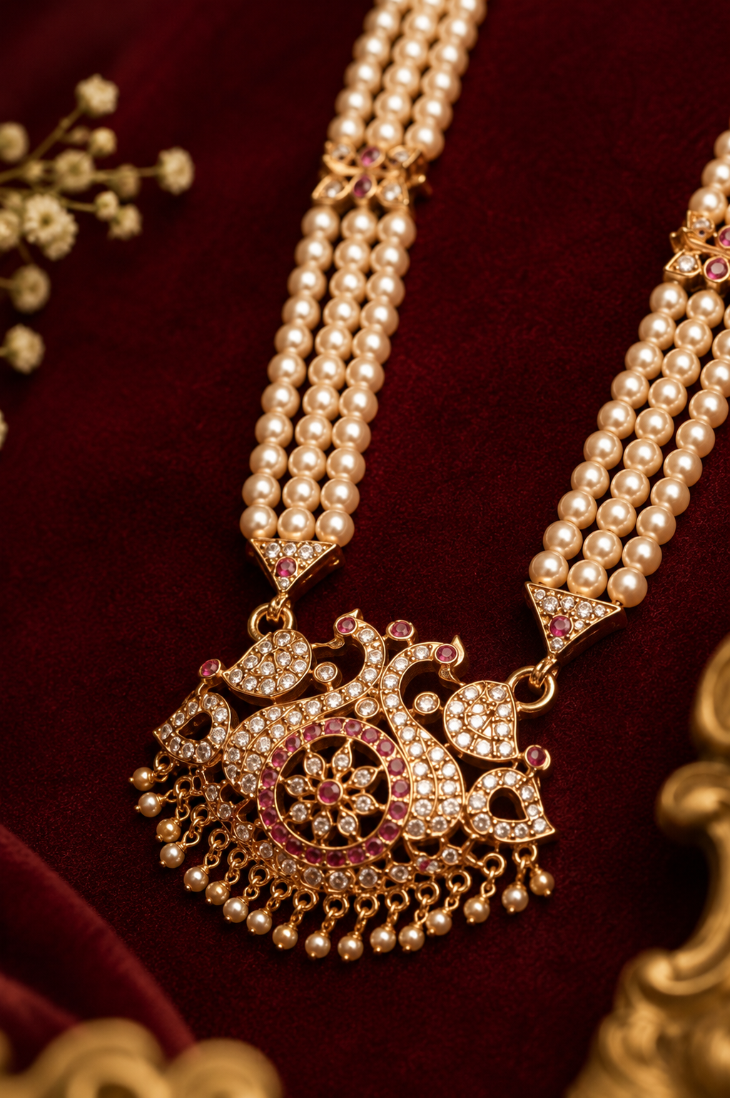 Antique Gold-Plated Pearl Haram Necklace with Ruby Stone Pendant