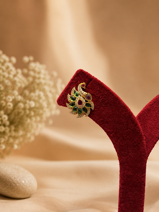 Antique Gold-Plated Peacock Stud Earrings with Emerald Stone Detailing