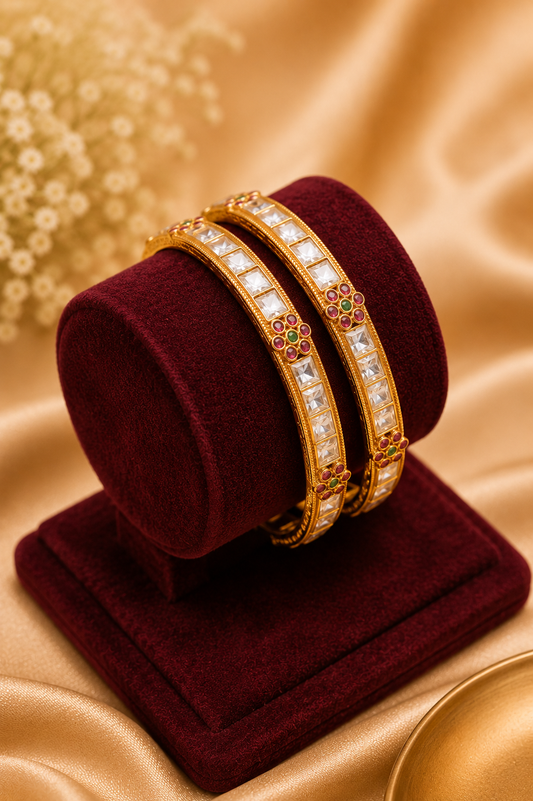Antique White Stone Bangles – Set of 2 with Emerald Detailing