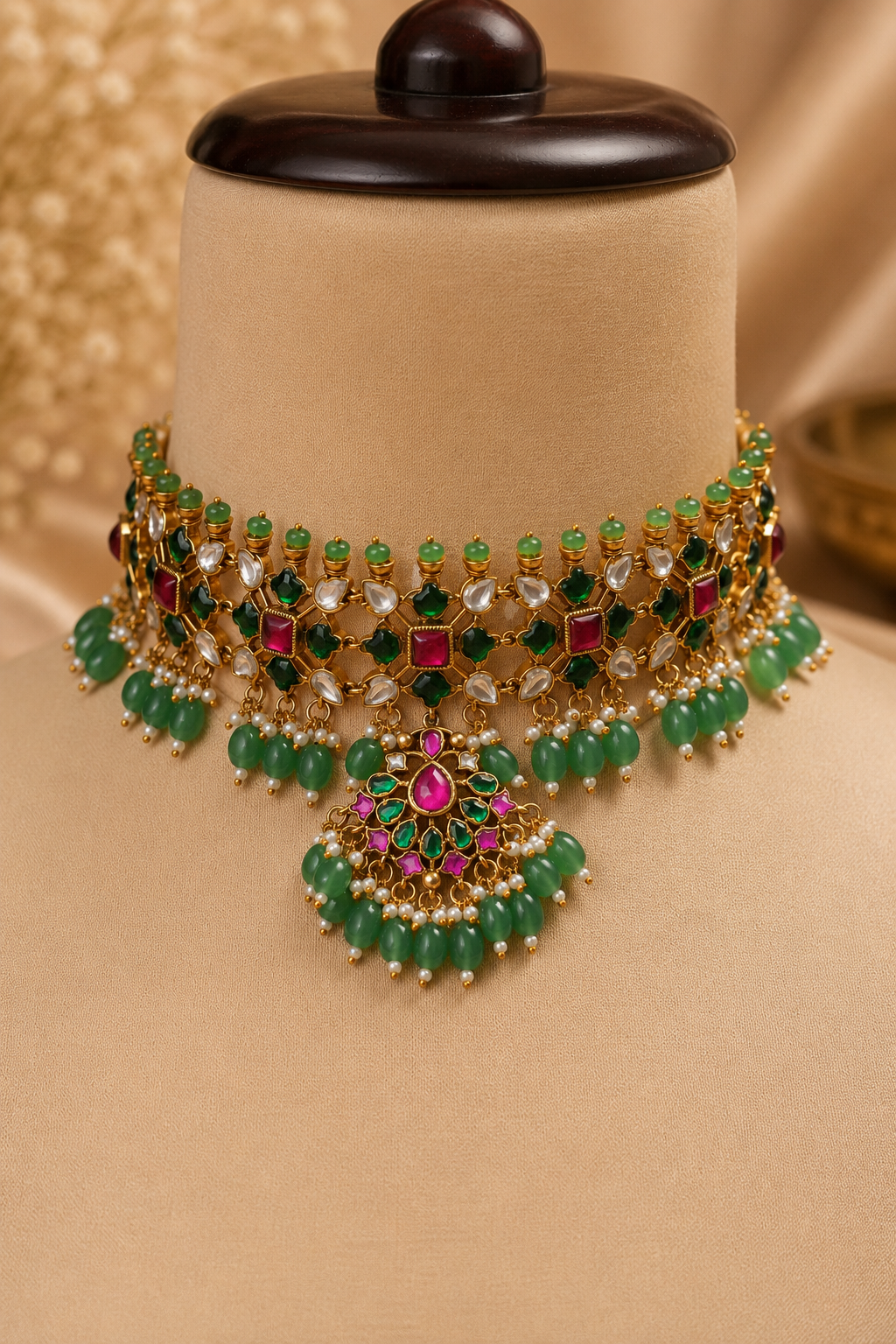Statement Royal Emerald & Ruby Jadau Choker Set with Earrings