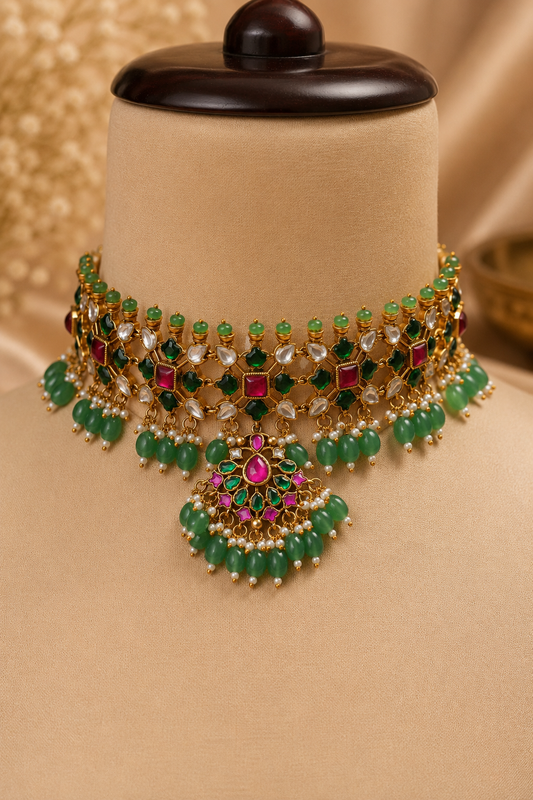 Statement Royal Emerald & Ruby Jadau Choker Set with Earrings