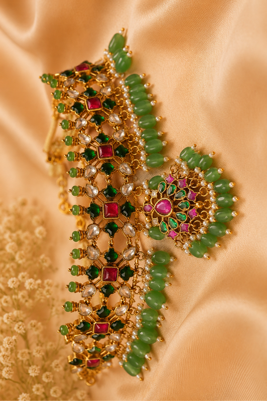 Statement Royal Emerald & Ruby Jadau Choker Set with Earrings
