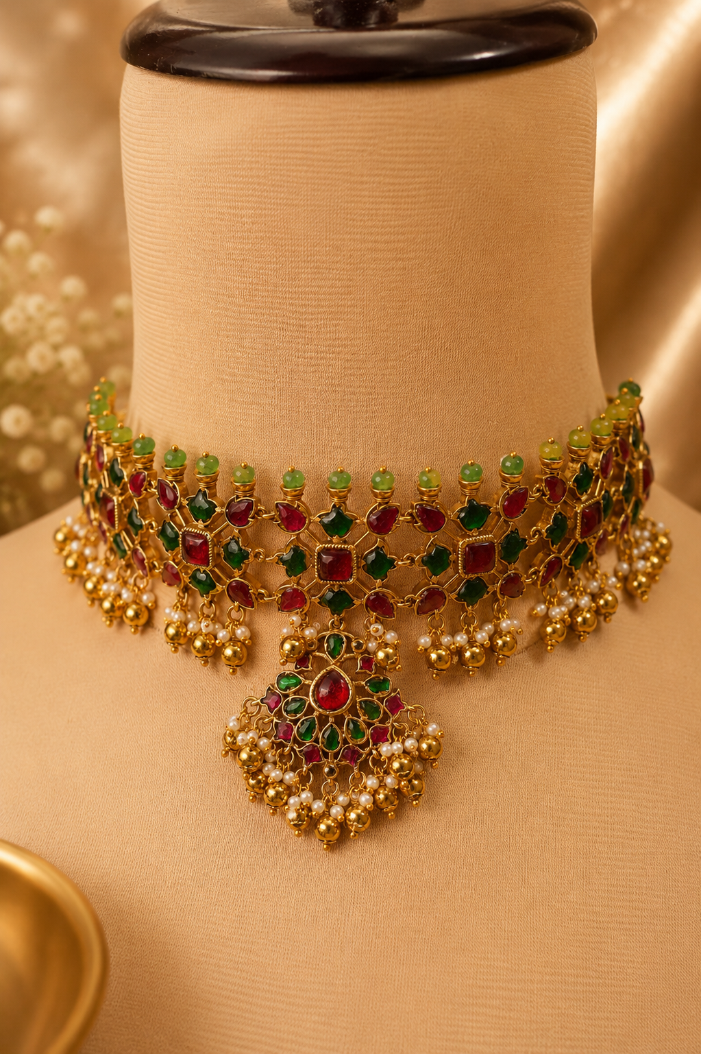 Statement Royal Emerald & Ruby Jadau Choker Set with Earrings