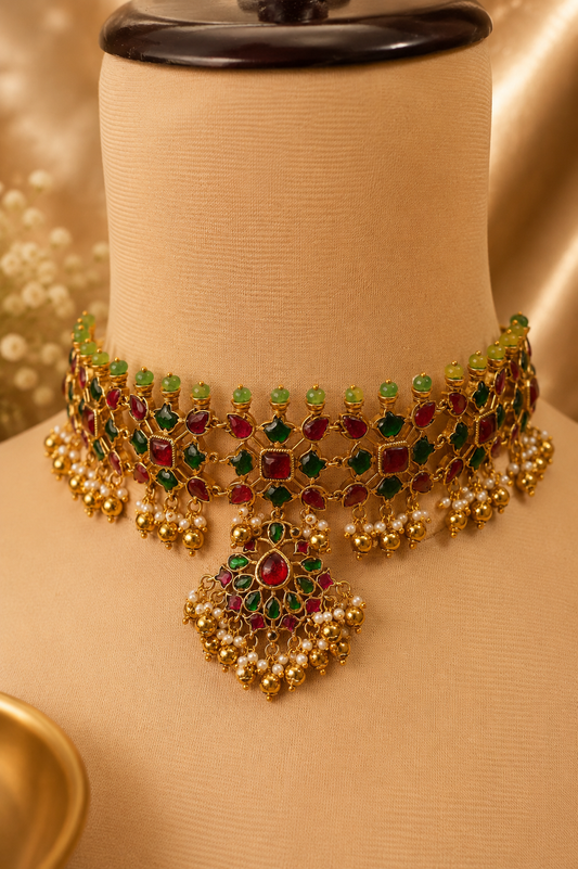 Statement Royal Emerald & Ruby Jadau Choker Set with Earrings