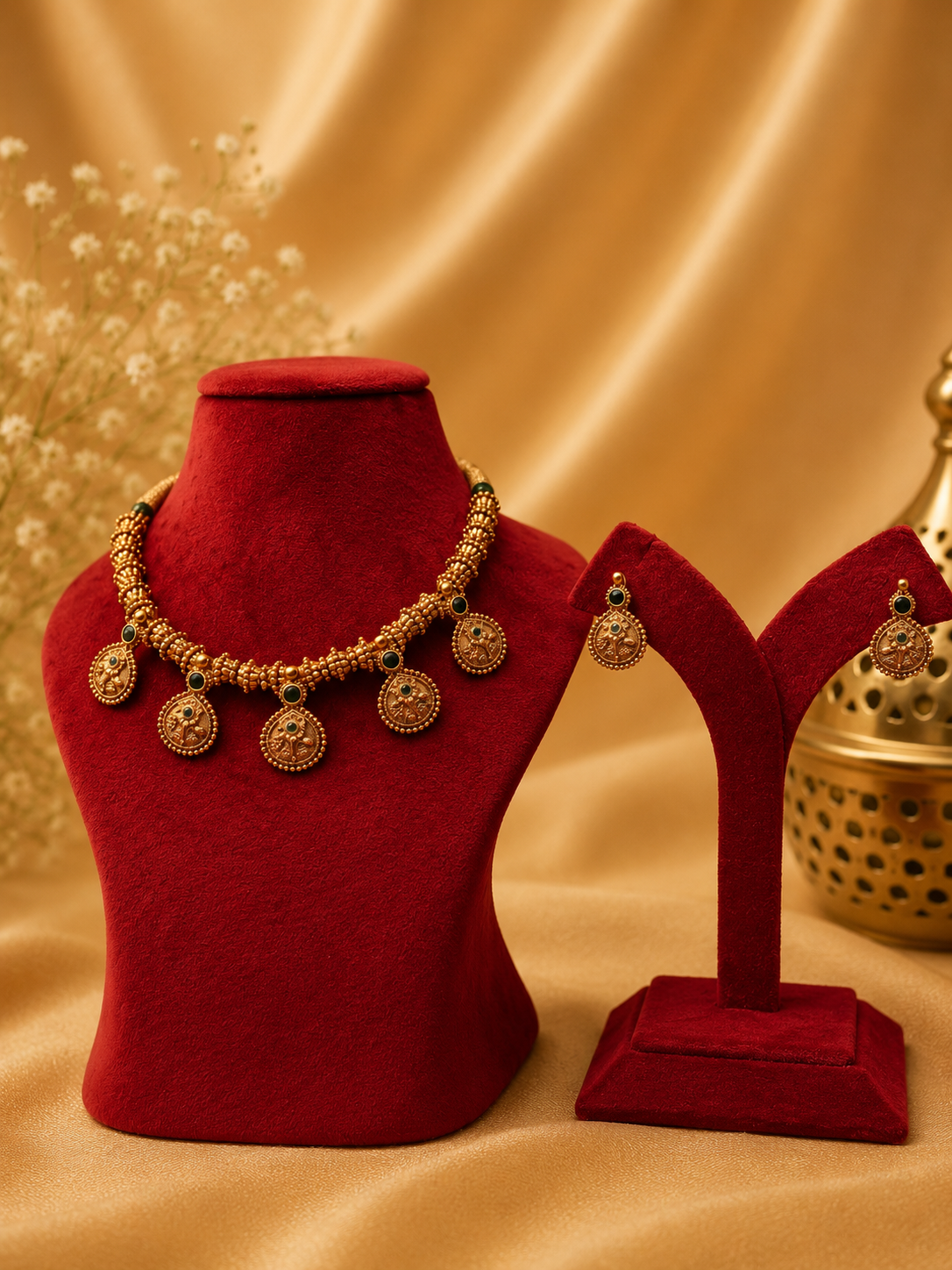 Antique Gold Plated Jewellery Set with Emerald Stone Detailing