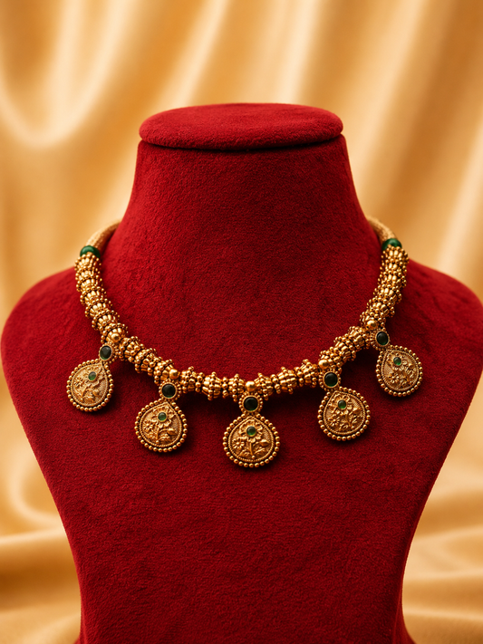 Antique Gold Plated Jewellery Set with Emerald Stone Detailing