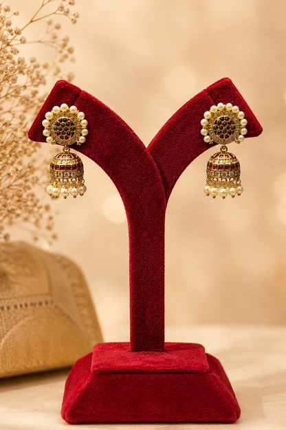 Antique Ruby Stone Jhumka Earrings with Pearl Detailing