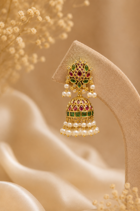 Antique Jhumka With Emerald & Ruby Stones and Pearl Drops