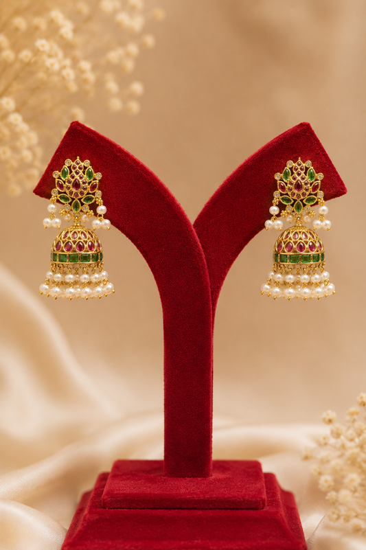 Antique Jhumka With Emerald & Ruby Stones and Pearl Drops