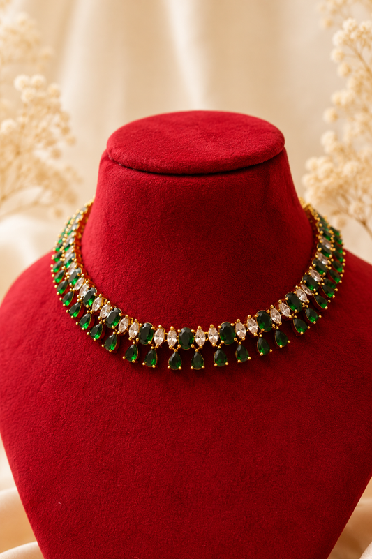 AD Stone Choker Necklace Set with Emerald & White Stones