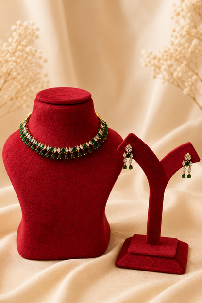 AD Stone Choker Necklace Set with Emerald & White Stones