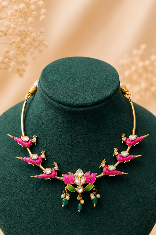 Antique Gold-Plated Choker Necklace Set with Pink Enamel Bird Motifs & Lotus Pendant