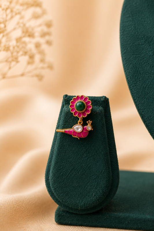 Antique Gold-Plated Choker Necklace Set with Pink Enamel Bird Motifs & Lotus Pendant