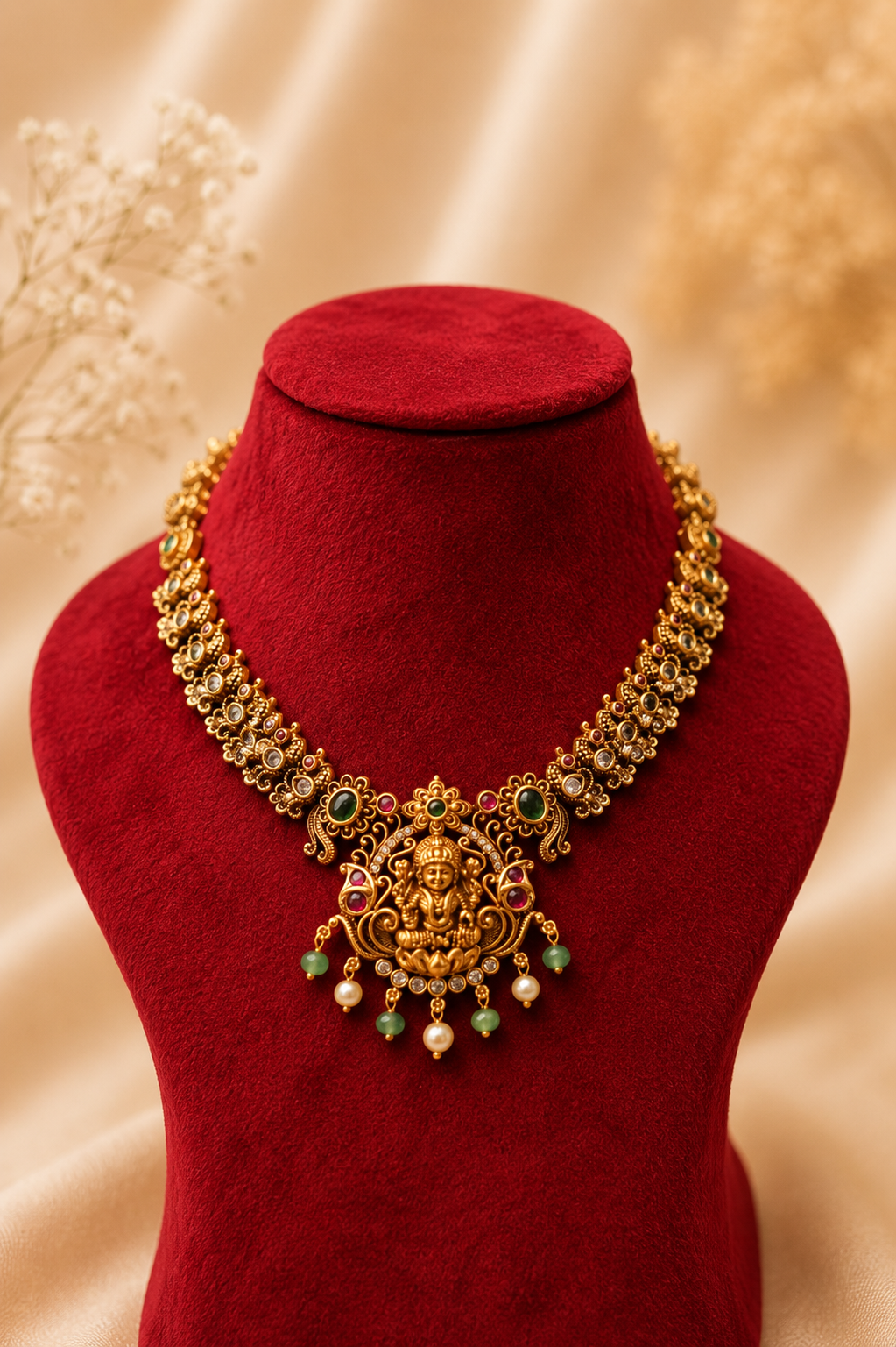 Antique Gold-Plated Lakshmi Pendant Necklace Set with Green Bead Drops