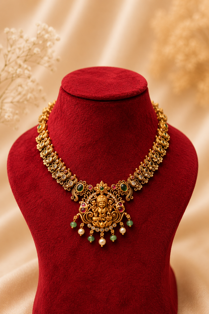 Antique Gold-Plated Lakshmi Pendant Necklace Set with Green Bead Drops