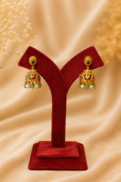 Antique Gold-Plated Lakshmi Pendant Necklace Set with Green Bead Drops