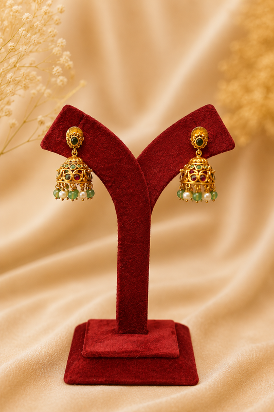 Antique Gold-Plated Lakshmi Pendant Necklace Set with Green Bead Drops