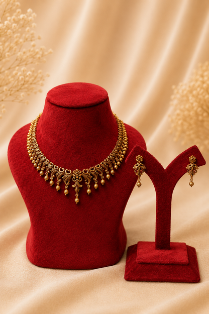 Antique Gold-Plated Necklace Set with Layered Bead Danglings
