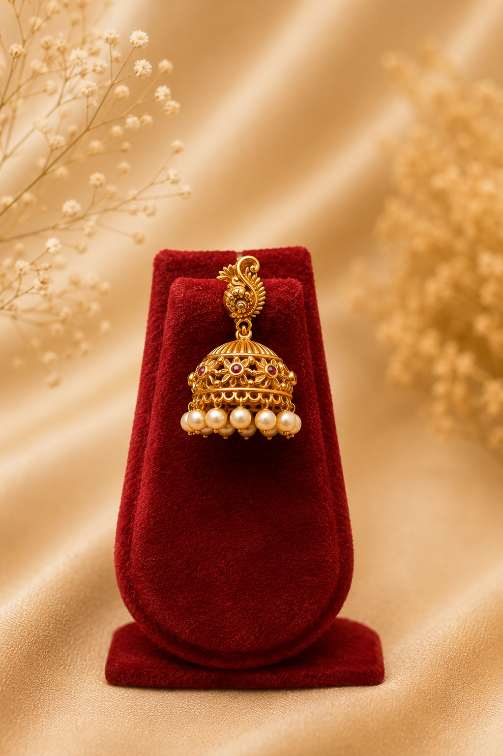 Antique Gold-Plated Necklace Set with Textured Drops & Pearl Jhumka Earrings