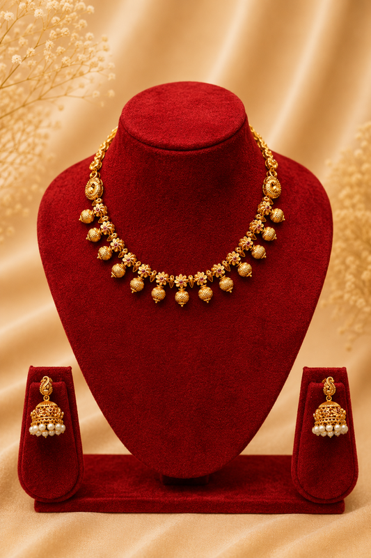 Antique Gold-Plated Necklace Set with Textured Drops & Pearl Jhumka Earrings