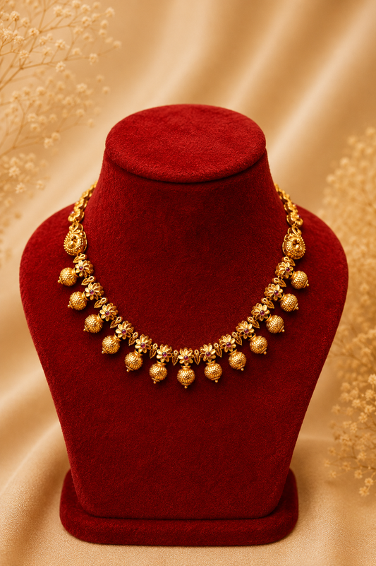 Antique Gold-Plated Necklace Set with Textured Drops & Pearl Jhumka Earrings