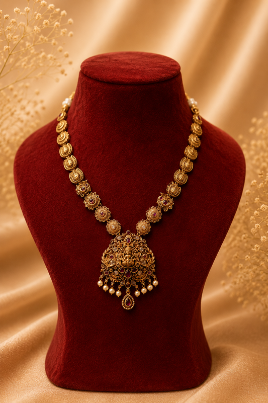 Antique Gold-Plated Lakshmi Pendant Choker Necklace Set with Coin Motifs & Pearl Danglings