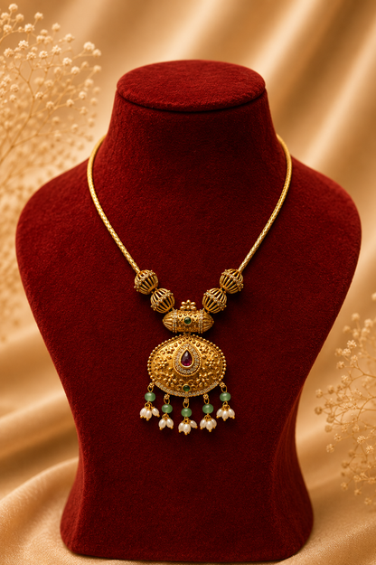 Antique Gold-Plated Chained Necklace Set with Temple Pendant & Green Bead Drops