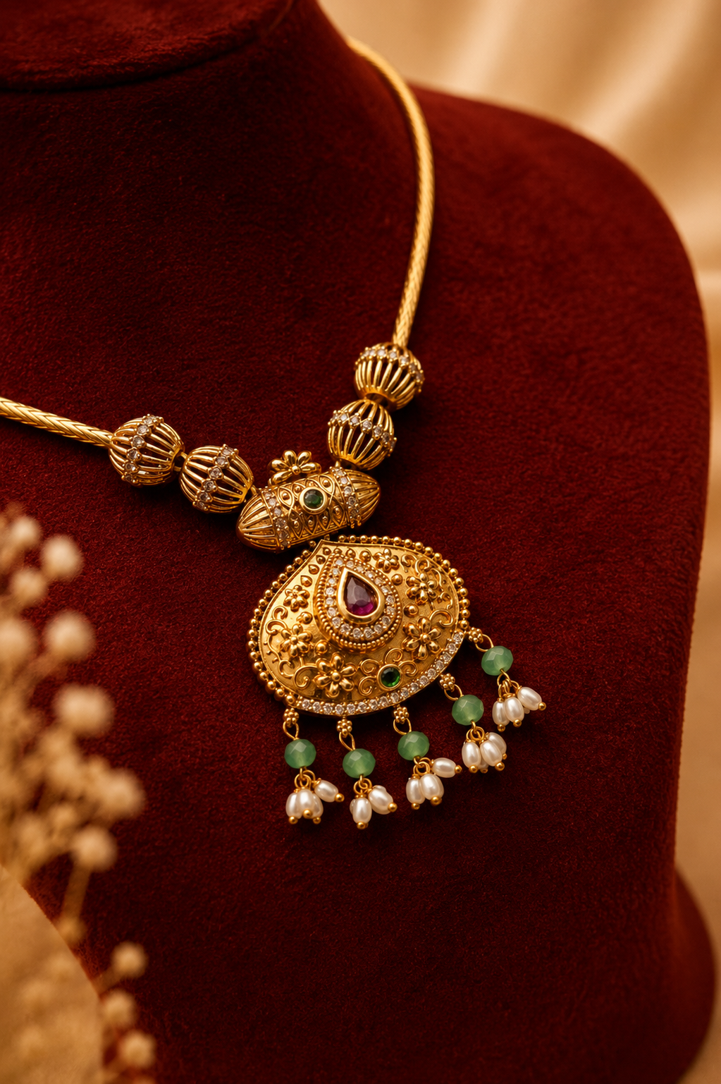 Antique Gold-Plated Chained Necklace Set with Temple Pendant & Green Bead Drops