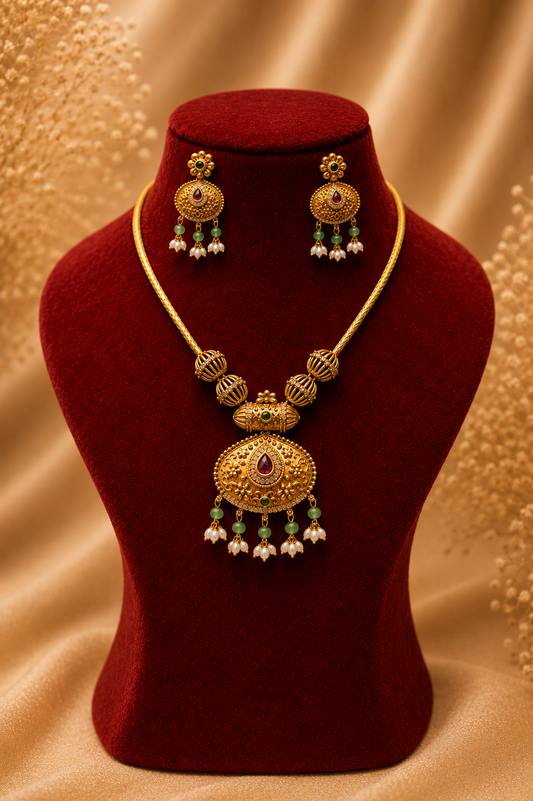 Antique Gold-Plated Chained Necklace Set with Temple Pendant & Green Bead Drops