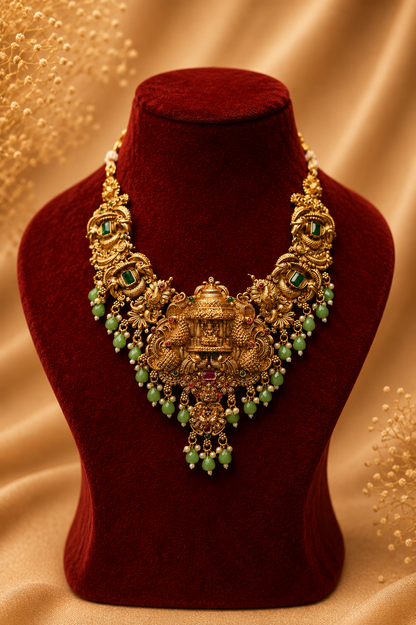 Antique Gold-Plated Nakshi Temple Choker Necklace Set with Lakshmi Pendant & Green Bead Drops
