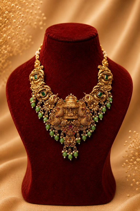 Antique Gold-Plated Nakshi Temple Choker Necklace Set with Lakshmi Pendant & Green Bead Drops