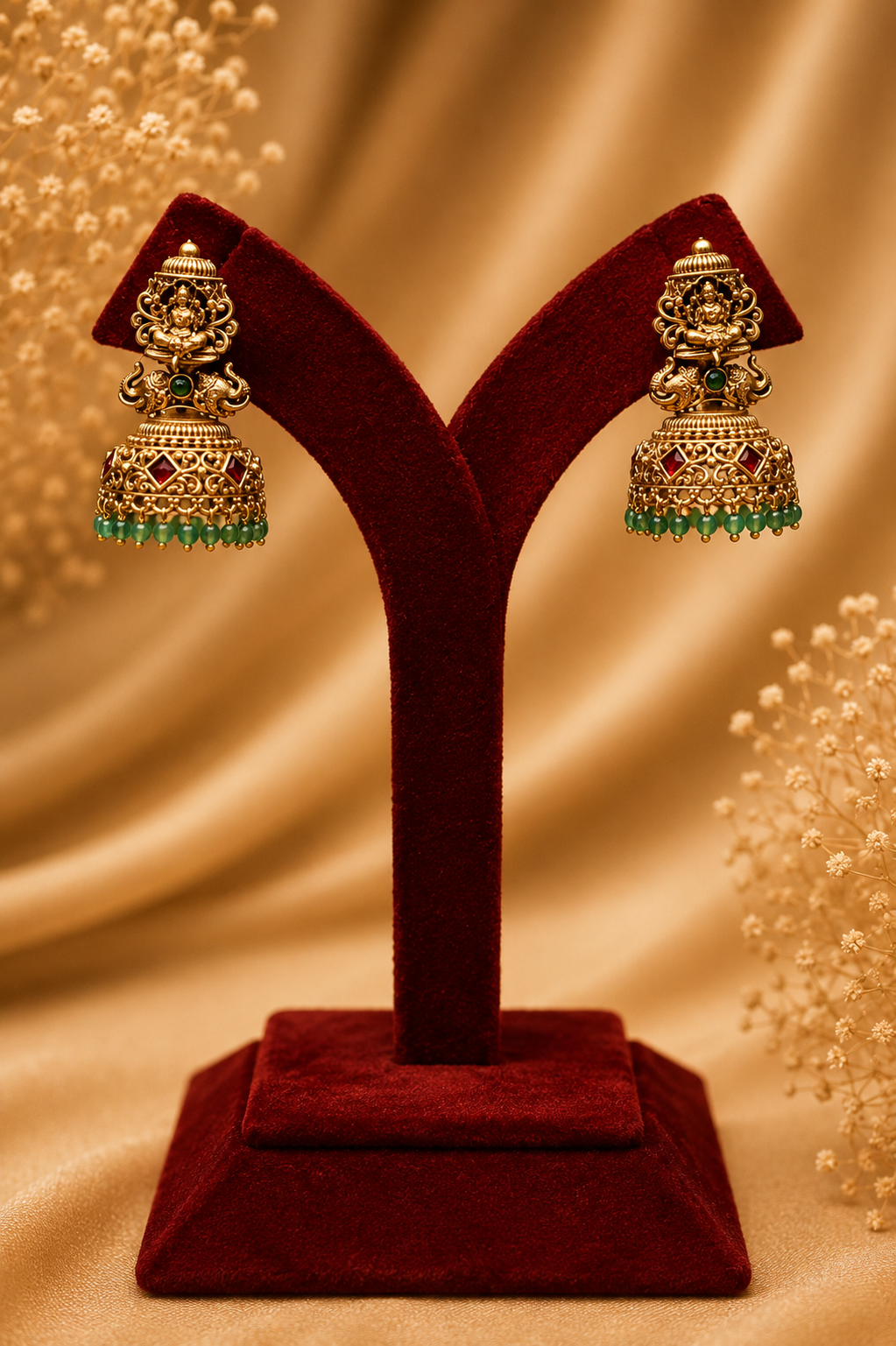 Antique Gold-Plated Nakshi Temple Choker Necklace Set with Lakshmi Pendant & Green Bead Drops