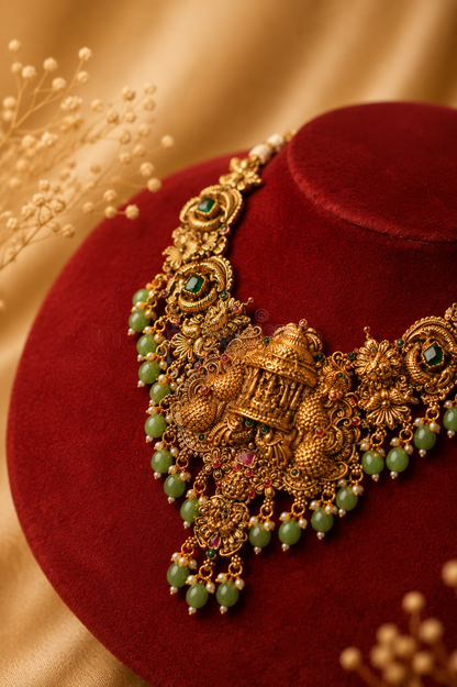 Antique Gold-Plated Nakshi Temple Choker Necklace Set with Lakshmi Pendant & Green Bead Drops