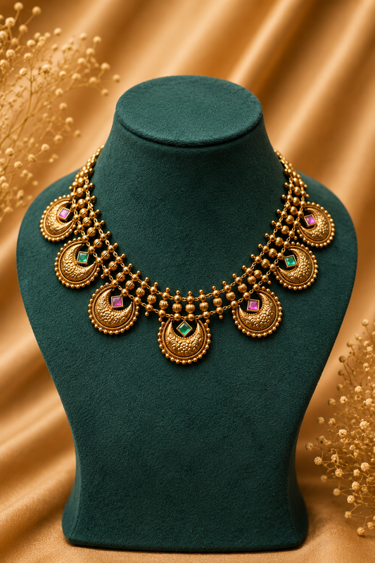 Antique Gold-Plated Crescent Moon Choker Necklace Set with Multi-Stone Detailing