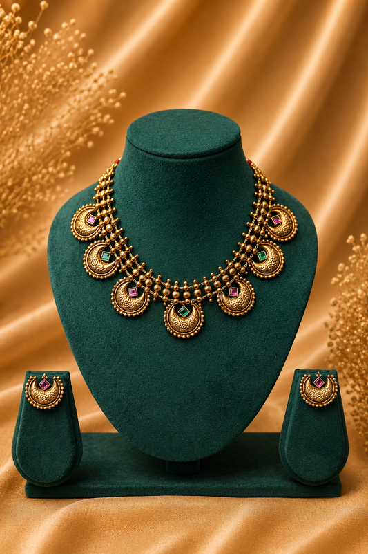 Antique Gold-Plated Crescent Moon Choker Necklace Set with Multi-Stone Detailing