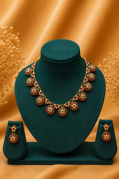 Antique Temple Coin Motif Necklace Set with Ruby, Emerald & White Stone Detailing