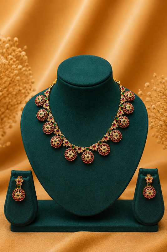 Antique Temple Coin Motif Necklace Set with Ruby, Emerald & White Stone Detailing
