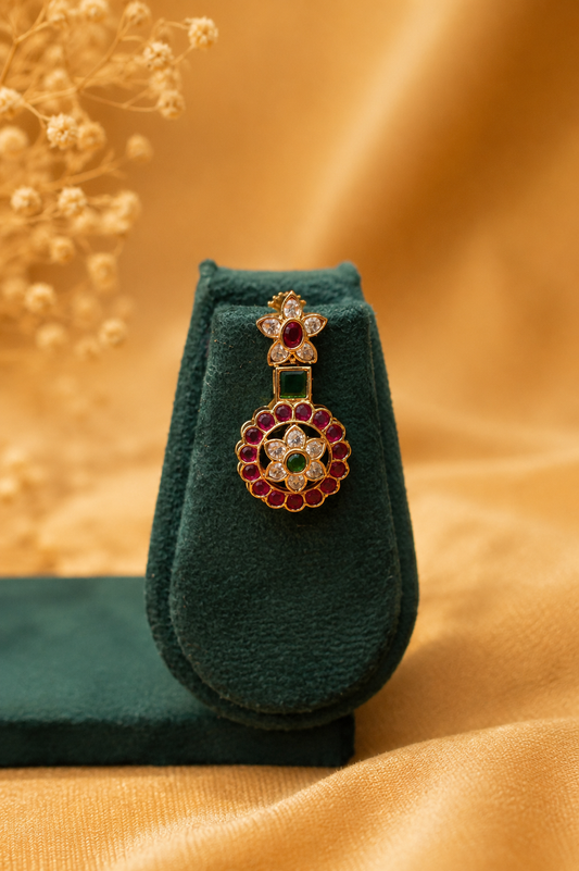 Antique Temple Coin Motif Necklace Set with Ruby, Emerald & White Stone Detailing