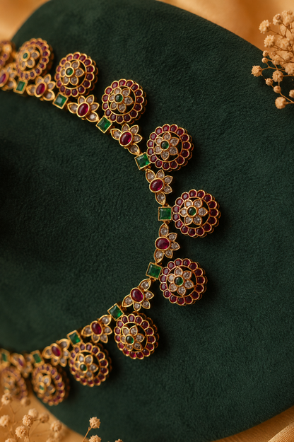 Antique Temple Coin Motif Necklace Set with Ruby, Emerald & White Stone Detailing