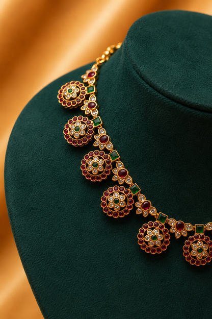 Antique Temple Coin Motif Necklace Set with Ruby, Emerald & White Stone Detailing