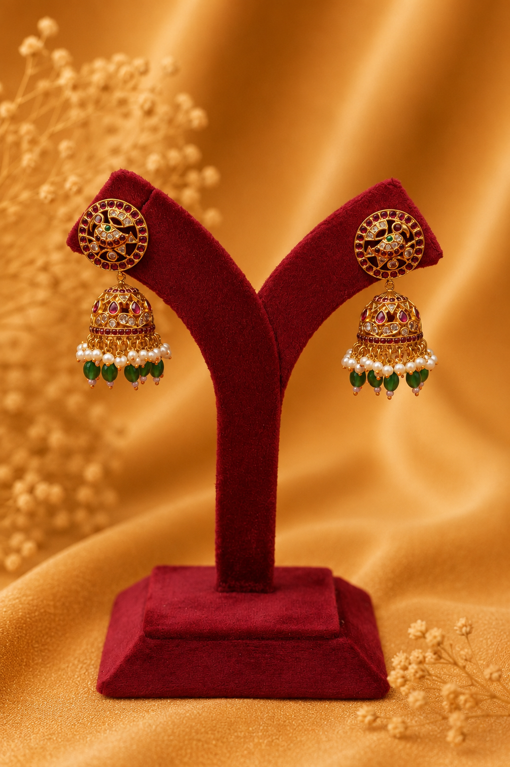 Statement Antique Gold Plated Peacock Pendant Necklace Set with Ruby, CZ & Green Bead Detailing