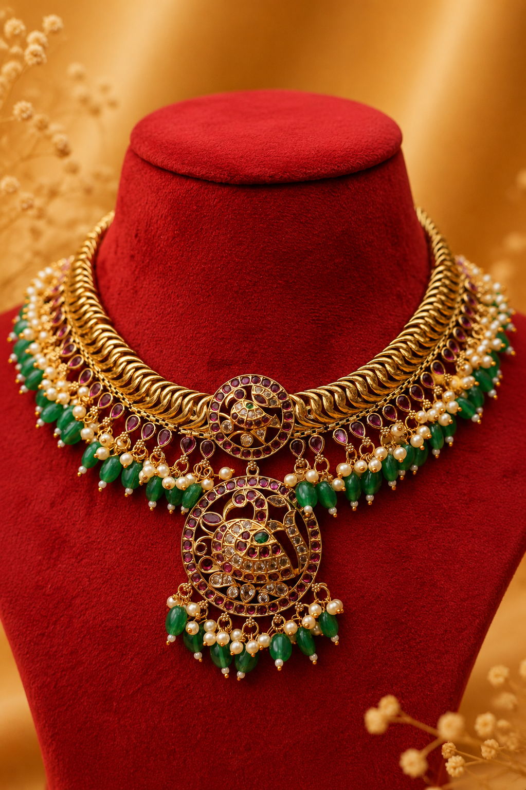 Statement Antique Gold Plated Peacock Pendant Necklace Set with Ruby, CZ & Green Bead Detailing