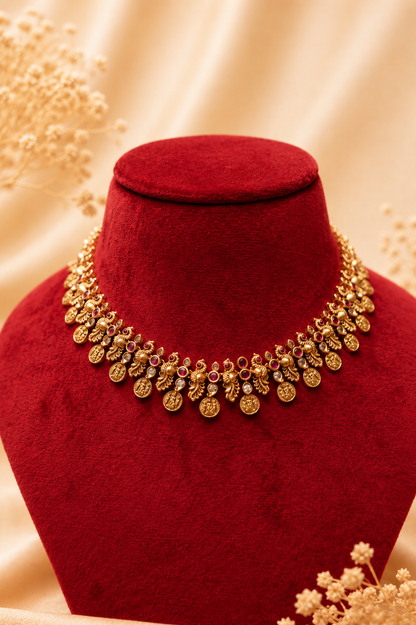 Classic Elegant Antique Gold-Plated Temple Necklace Set with Coin Motifs