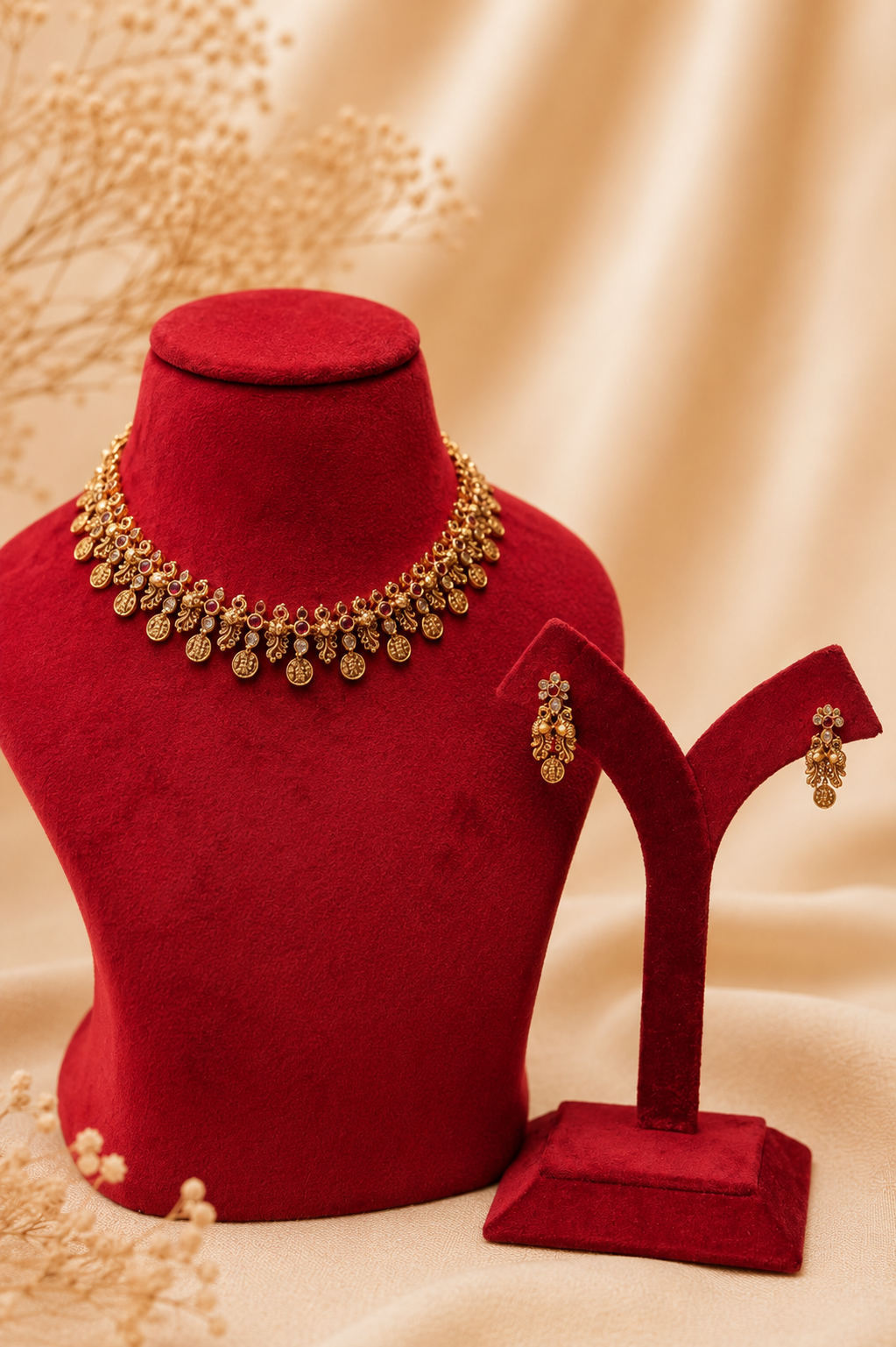Classic Elegant Antique Gold-Plated Temple Necklace Set with Coin Motifs