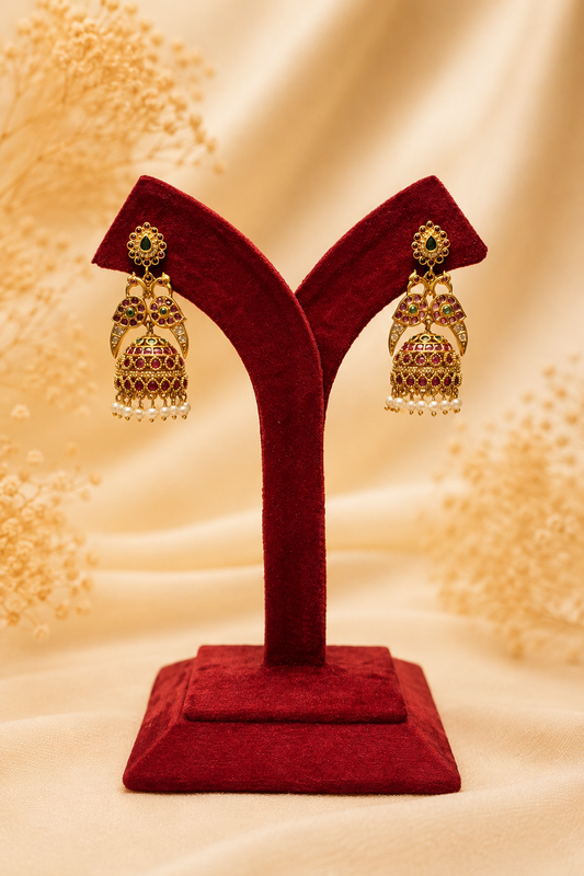 Antique Ruby & Emerald Stone Jhumka Earrings with Pearl Hangings