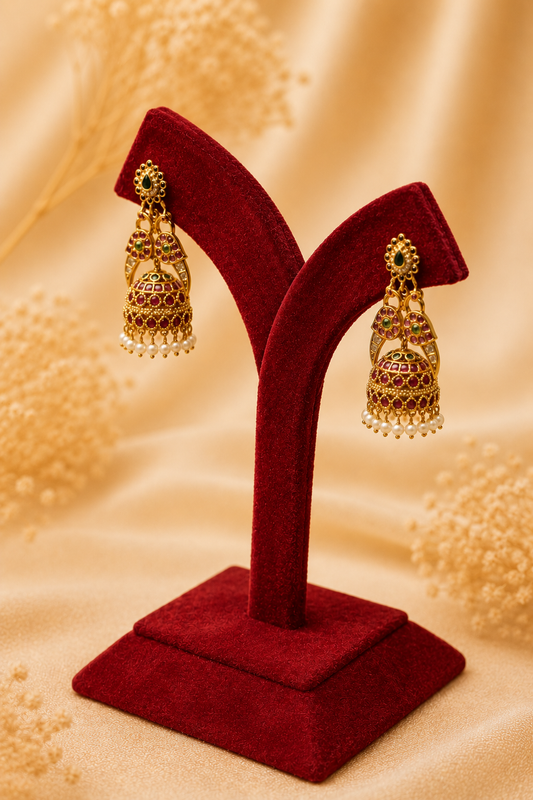 Antique Ruby & Emerald Stone Jhumka Earrings with Pearl Hangings