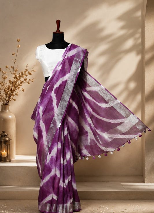 Pure Linen Shibori Print Saree - Wine