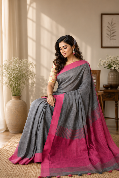 Pure Linen Saree with Tassles - Grey & Pink