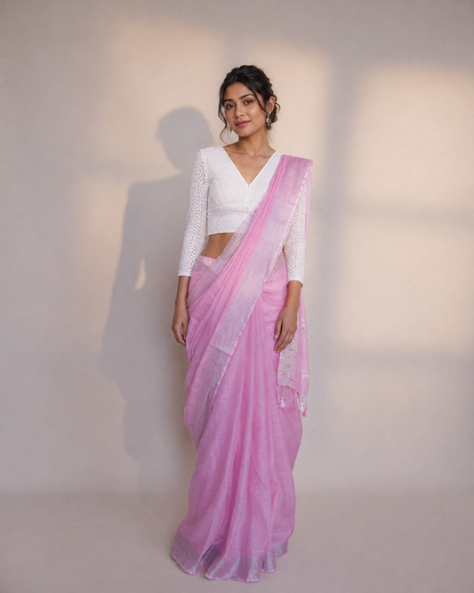 Pure Linen Saree – Soft Baby Pink with Silver Zari Stripes