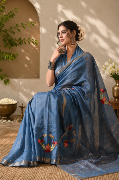 Hand Embroidery Pure Linen Silk Saree With Gold Zari Border - Steel Blue